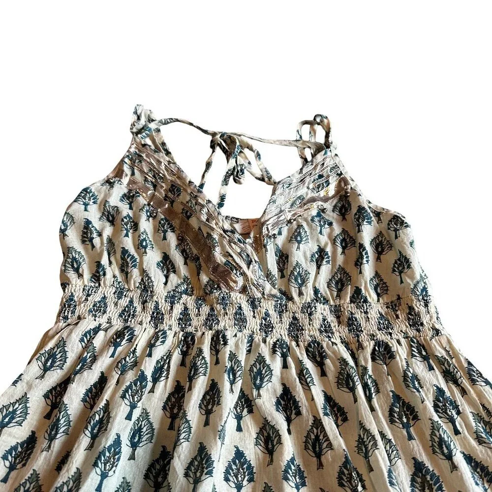 Raga Anthropologie Block Printed Midi Dress Tie Straps 100% Cotton Size Small - Picture 2 of 10